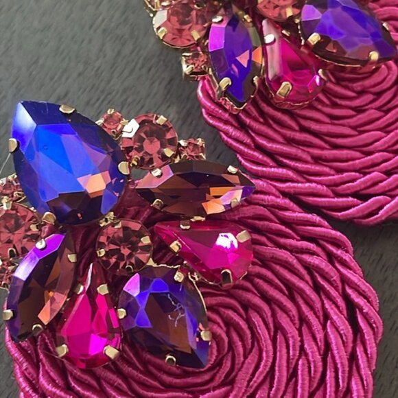 Twisted Rope Crystal Clustered Drop Statement Earrings Fuchsia Purple Gold Tone - Picture 2 of 3